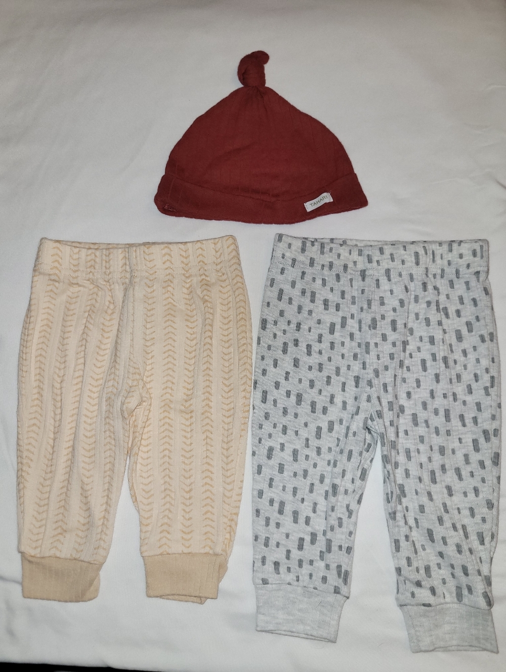 Tahari Size 3-6 Months Knit Hat and Two Pants Bundle - Burgundy, Cream, Gray